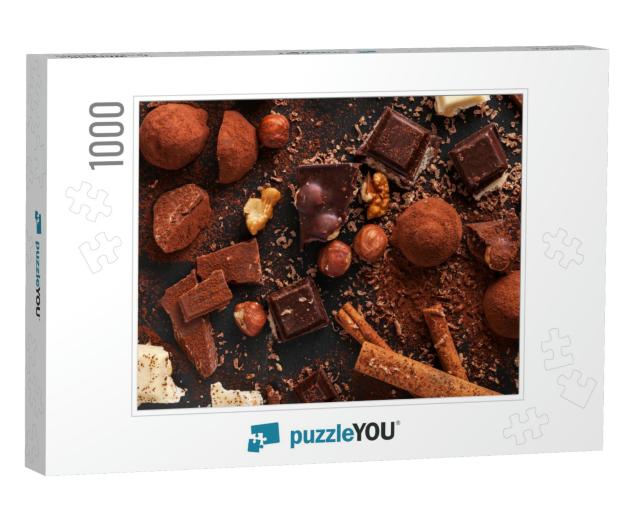Variety of Sweet Homemade Chocolate Pralines on Wooden Ba... Jigsaw Puzzle with 1000 pieces