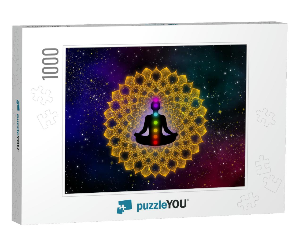 Silhouette Meditation Man & His Seven Chakra on Luxury Go... Jigsaw Puzzle with 1000 pieces