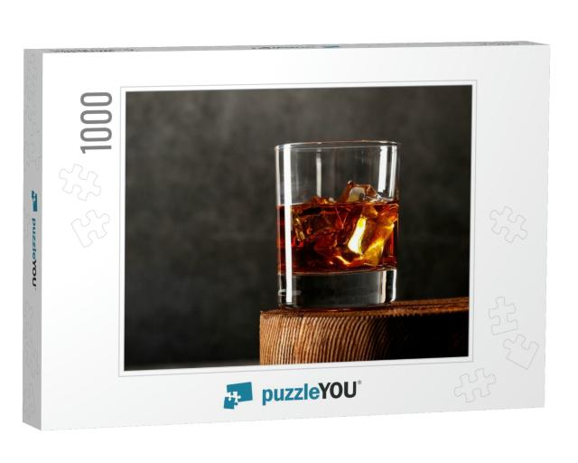 Whiskey with Ice or Brandy in a Glass on a Rustic Backgro... Jigsaw Puzzle with 1000 pieces