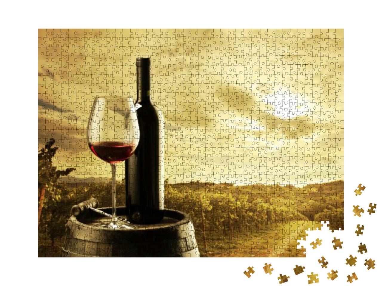 Red Wine Bottle & Wine Glass on Wooden Barrel... Jigsaw Puzzle with 1000 pieces