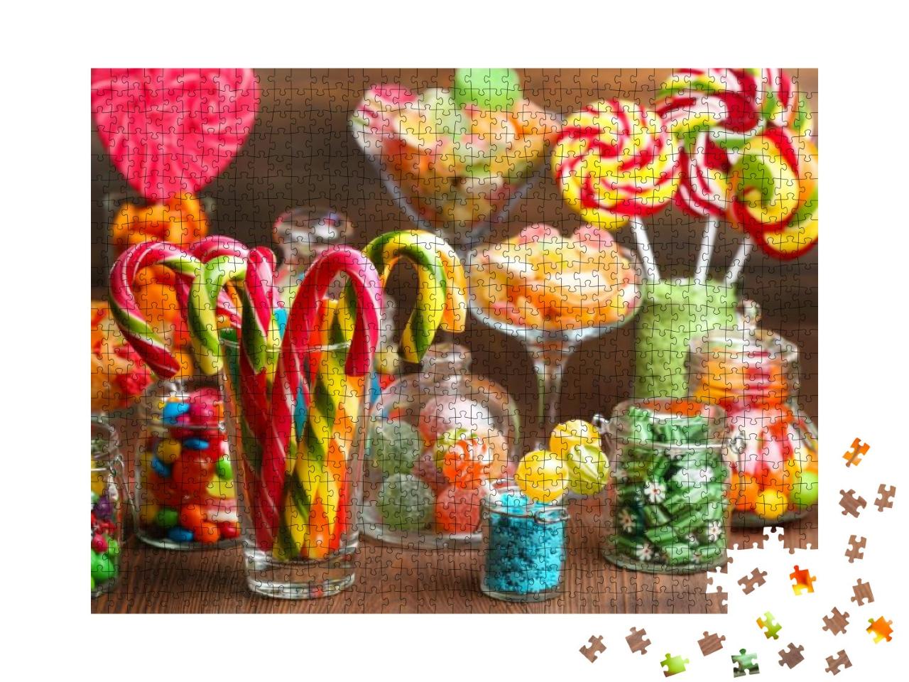 Colorful Candies in Jars on Table on Wooden Background... Jigsaw Puzzle with 1000 pieces