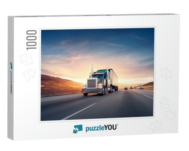 American Style Truck on Freeway Pulling Load. Transportat... Jigsaw Puzzle with 1000 pieces