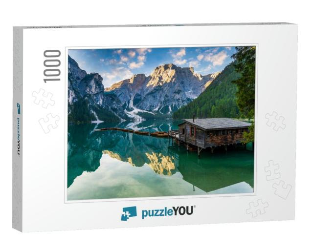 Lake Braies Lago Di Braies in Dolomites Mountains, Boat H... Jigsaw Puzzle with 1000 pieces