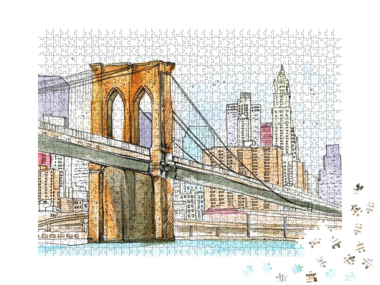 Brooklyn Bridge in New York, Watercolor Sketch Hand Drawi... Jigsaw Puzzle with 1000 pieces