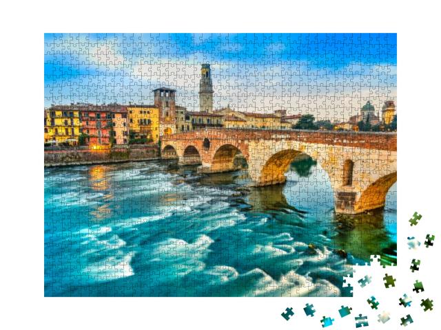 Verona, Italy. Scenery with Adige River & Ponte Di Pietra... Jigsaw Puzzle with 1000 pieces