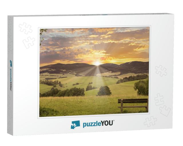 View of Bench, Valley, Mountains, Hills & Sunset... Jigsaw Puzzle