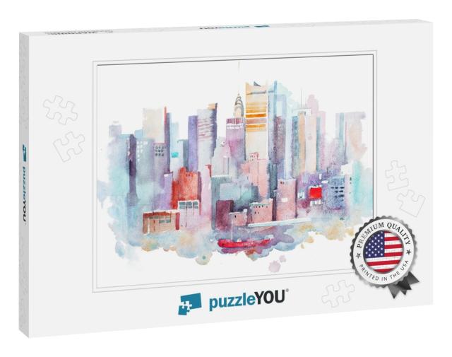 Watercolor Drawing of New York Cityscape, Usa. Manhattan... Jigsaw Puzzle