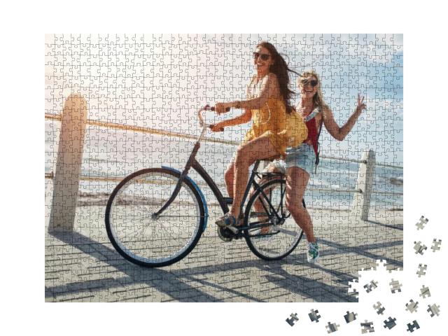 Two Stylish Young Female Friends on a Bicycle Along Seasi... Jigsaw Puzzle with 1000 pieces