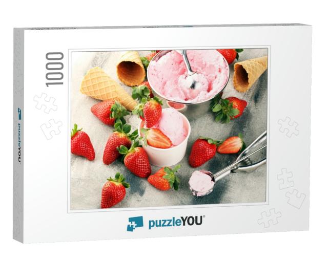 Strawberry Ice Cream Scoop with Fresh Strawberries & Ice... Jigsaw Puzzle with 1000 pieces
