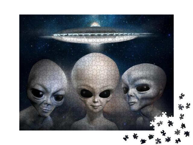 Three Different Grey Aliens on the Background of Cosmic S... Jigsaw Puzzle with 1000 pieces