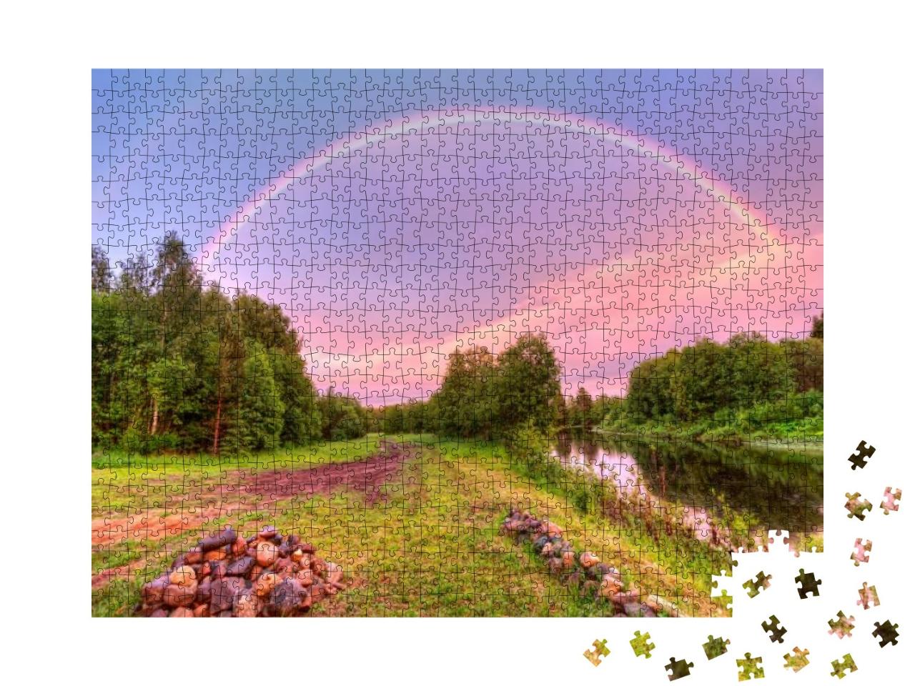 Beautiful Rainbow Over River with Dirty Road Along. Arkha... Jigsaw Puzzle with 1000 pieces
