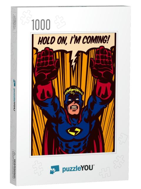Pop Art Comic Book Style Superhero Flying to the Rescue F... Jigsaw Puzzle with 1000 pieces