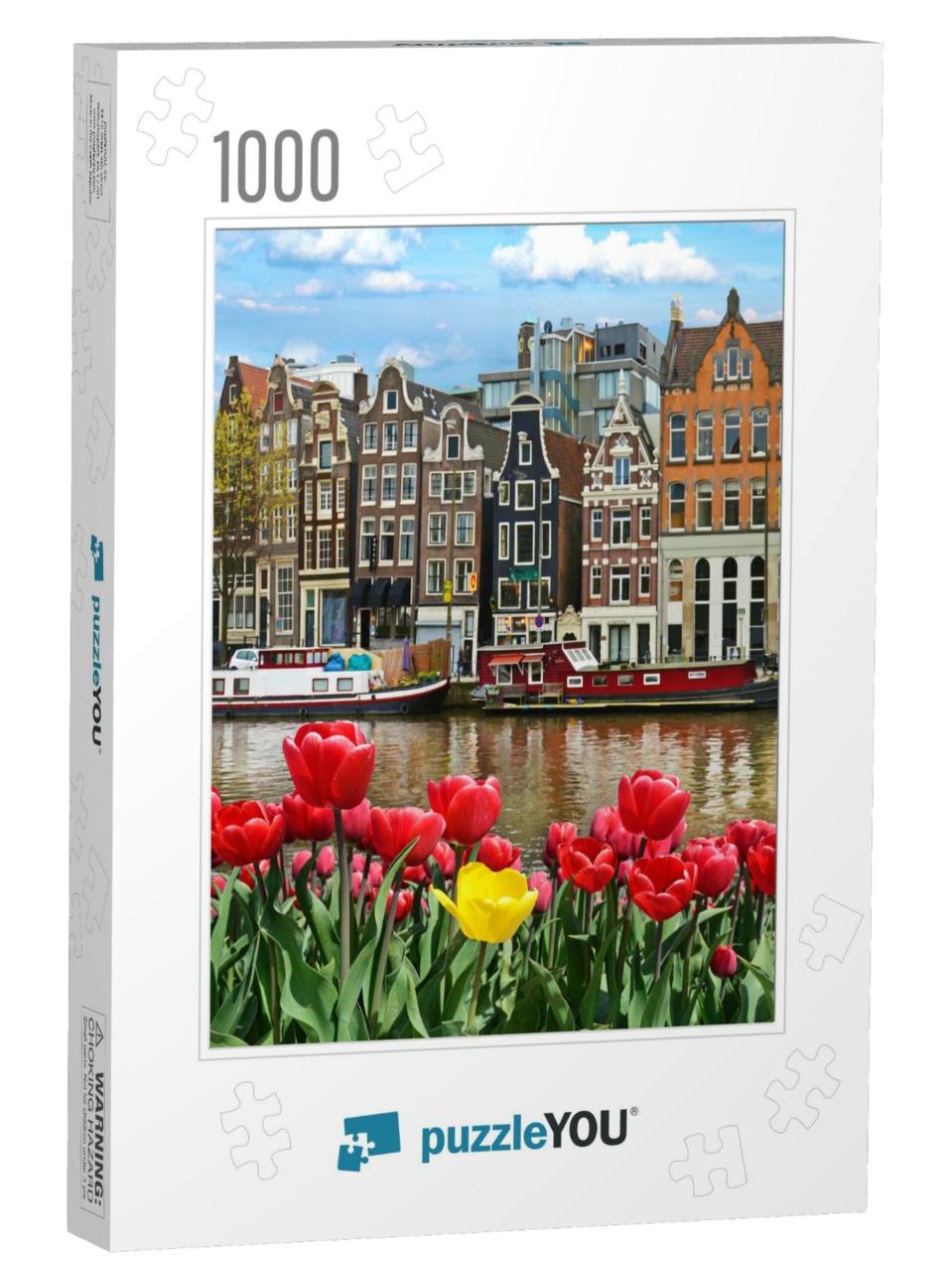 Beautiful Landscape with Tulips & Houses in Amsterdam, Ho... Jigsaw Puzzle with 1000 pieces