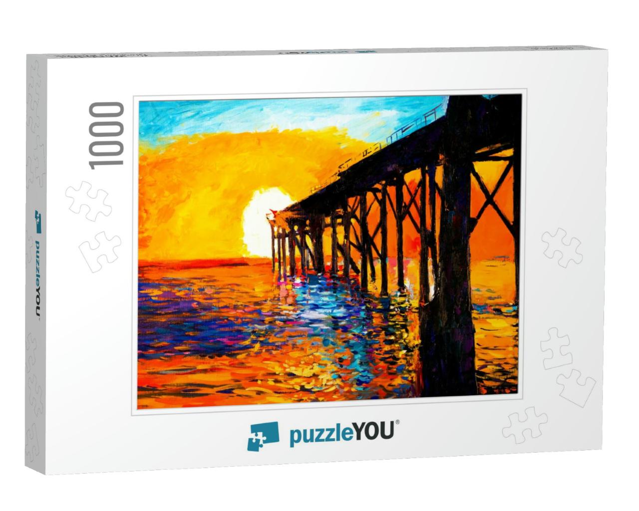 Original Oil Painting on Canvas- Sunset Over the Bridge-... Jigsaw Puzzle with 1000 pieces