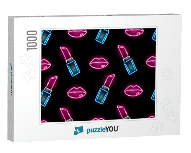 Seamless Pattern with Neon Icons of Lipstick & Female Lip... Jigsaw Puzzle with 1000 pieces