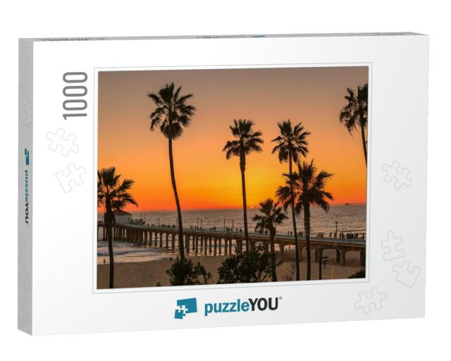Palm Trees on Manhattan Beach At Orange Sunset & Pier in... Jigsaw Puzzle with 1000 pieces