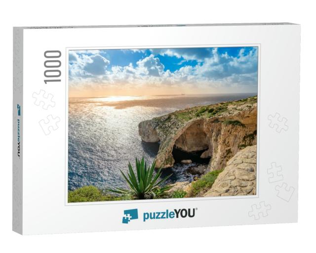 Blue Grotto, Malta. Natural Stone Arch & Sea Caves & Agav... Jigsaw Puzzle with 1000 pieces