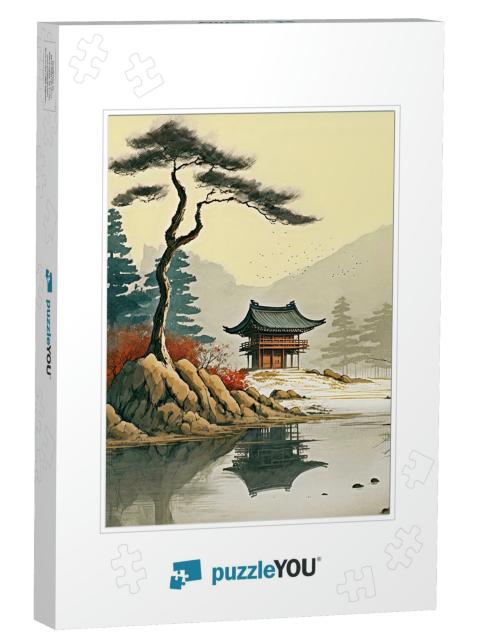 Peaceful Serenity and a Picturesque Pagoda Setting with Soft Soothing Tones Jigsaw Puzzle