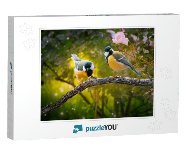 Fantasy Portrait of Two Tit Birds Sitting on Tree Branch... Jigsaw Puzzle