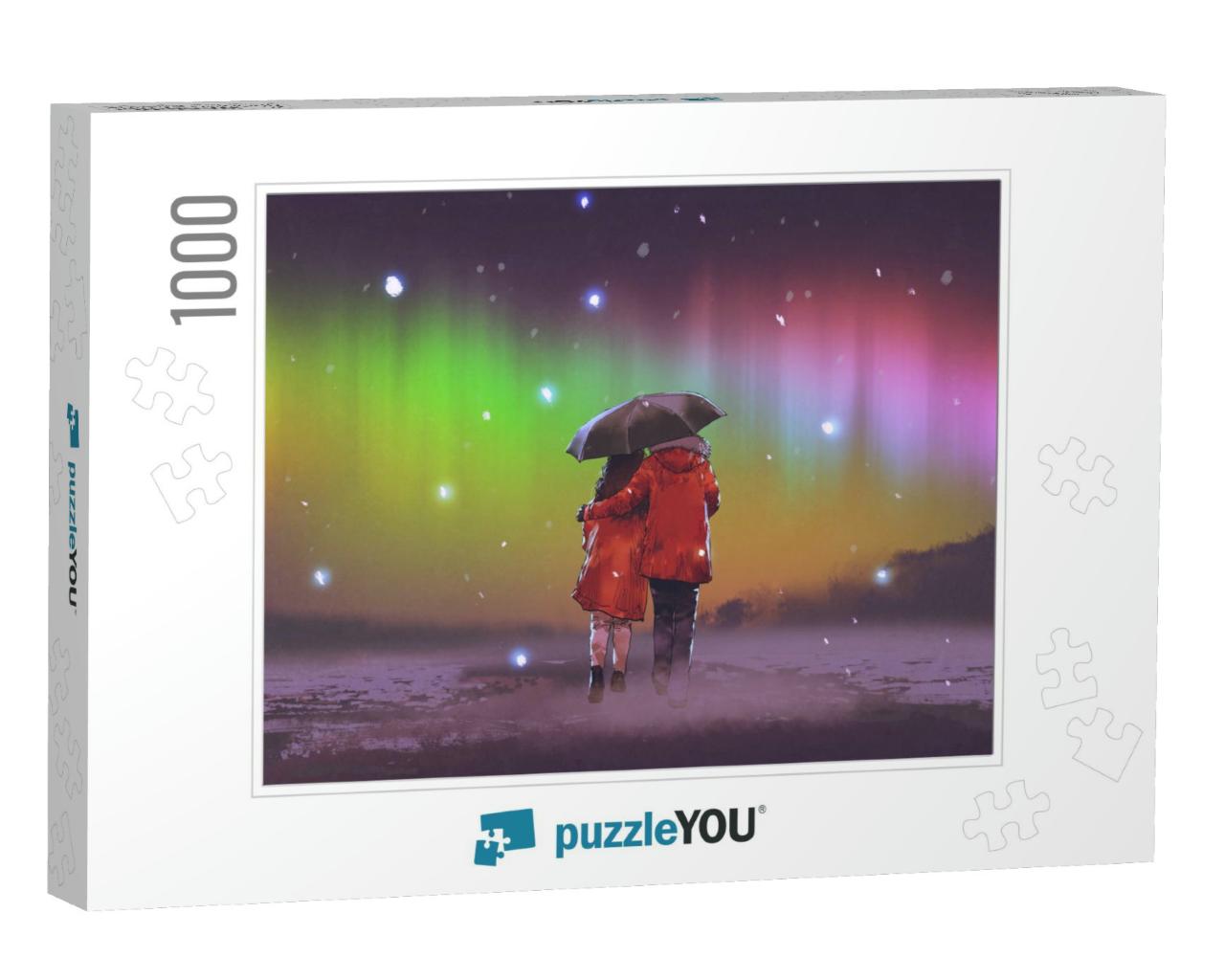 Couple in Red Coat Under an Umbrella Walking on Snow Look... Jigsaw Puzzle with 1000 pieces