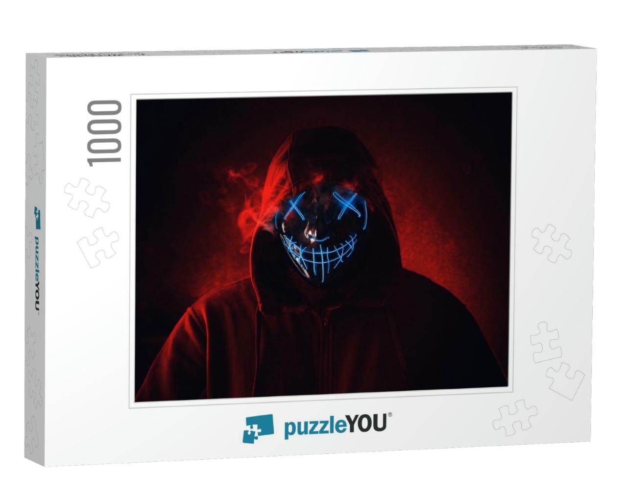 Man in Angry & Scary Lighting Neon Glow Mask in Hood on D... Jigsaw Puzzle with 1000 pieces