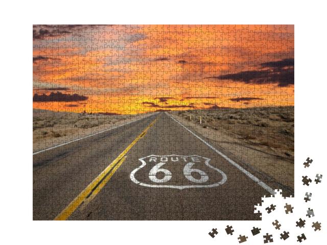 Route 66 Pavement Sign Sunrise in California's Mojave Des... Jigsaw Puzzle with 1000 pieces