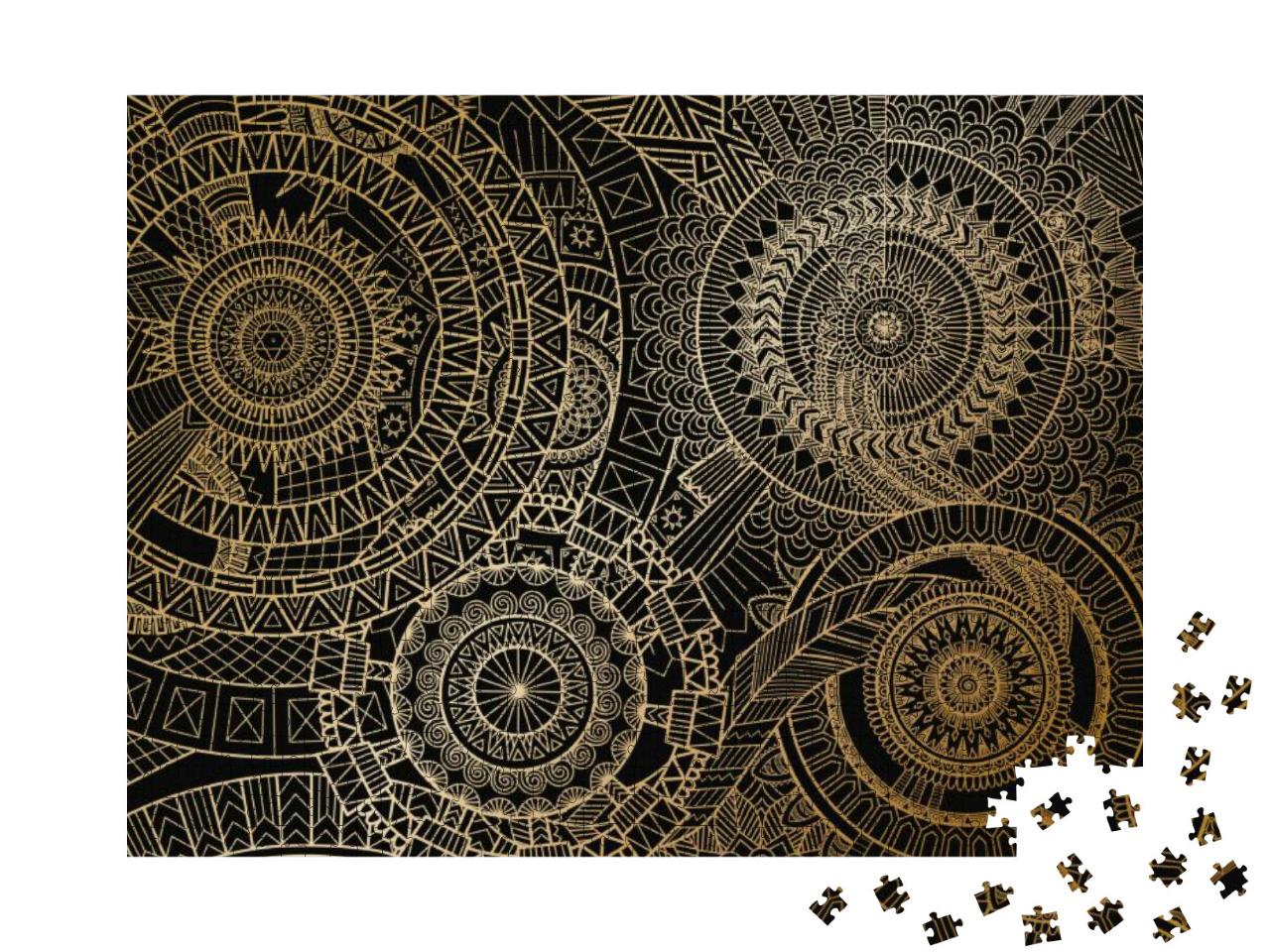 Mandala Movement in Golden Lines on Black Background. Vec... Jigsaw Puzzle with 1000 pieces