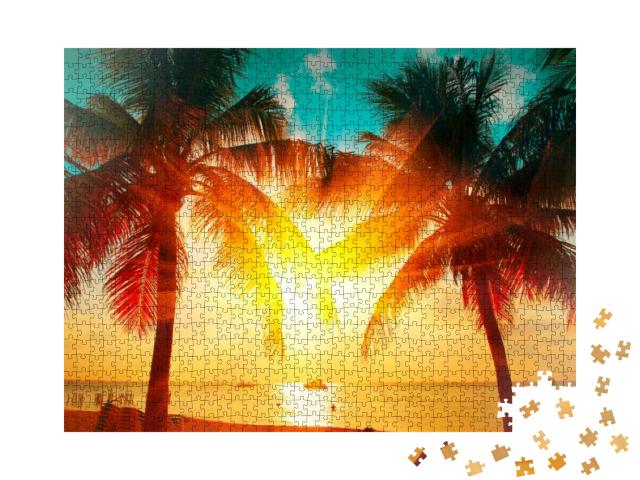 Sunset Beach with Palm Trees & Beautiful Sky Landscape. T... Jigsaw Puzzle with 1000 pieces