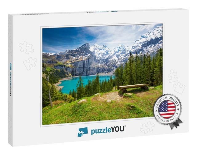Amazing Turquoise Oeschinnensee with Waterfalls & Swiss A... Jigsaw Puzzle