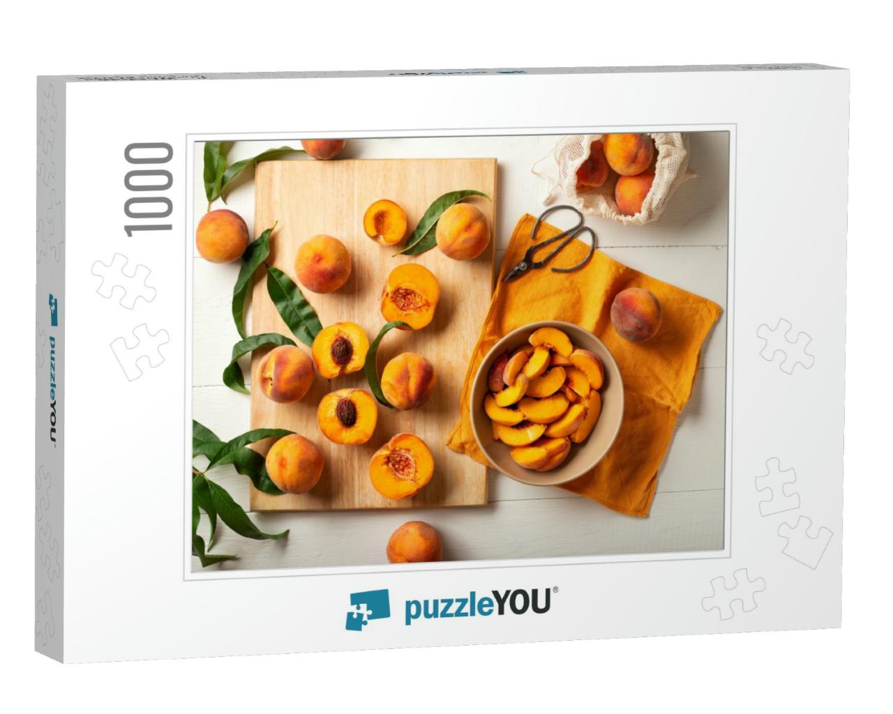 Peaches Whole Fruits with Leaves, Peaches in Halves, Peac... Jigsaw Puzzle with 1000 pieces