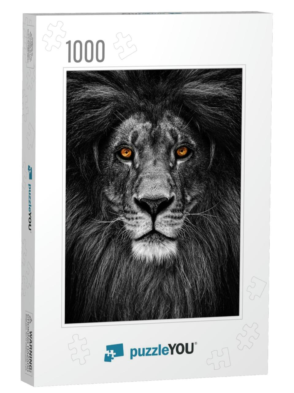 Portrait of a Beautiful Lion, Lion in Dark. Intense Fiery... Jigsaw Puzzle with 1000 pieces
