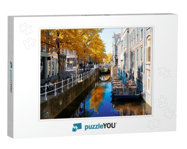 Street with Canal in Delft Old Town in Holland At Fall... Jigsaw Puzzle