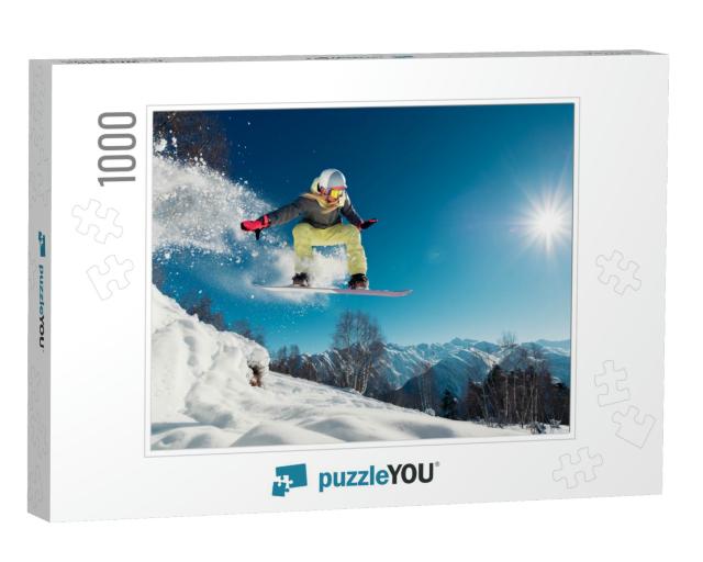 Girl is Jumping with Snowboard from the Hill... Jigsaw Puzzle with 1000 pieces