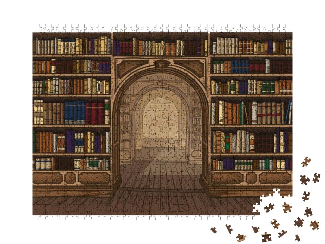 Library Book Shelf Interior Graphic Sketch Colorful Illus... Jigsaw Puzzle with 1000 pieces