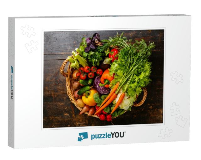 Fresh Vegetables in Basket on Wooden Background... Jigsaw Puzzle