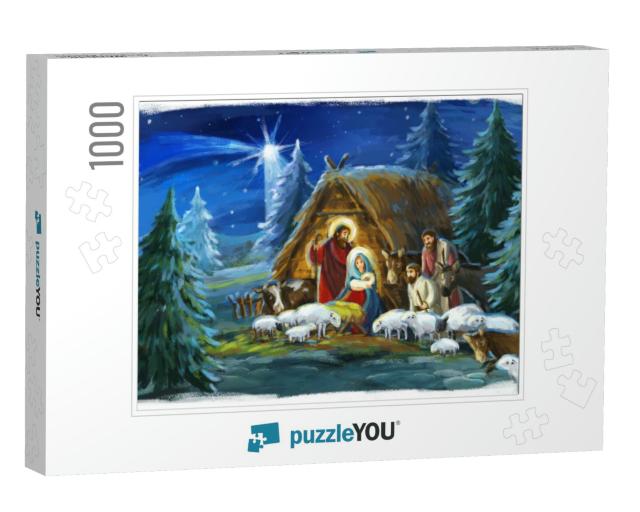 Traditional Christmas Scene with Holy Family & Animals... Jigsaw Puzzle with 1000 pieces