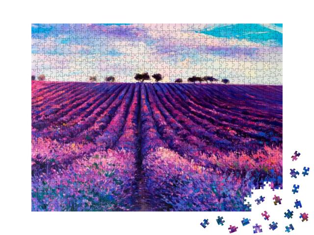 Oil Painting with Lavender Field. Art Decor... Jigsaw Puzzle with 1000 pieces