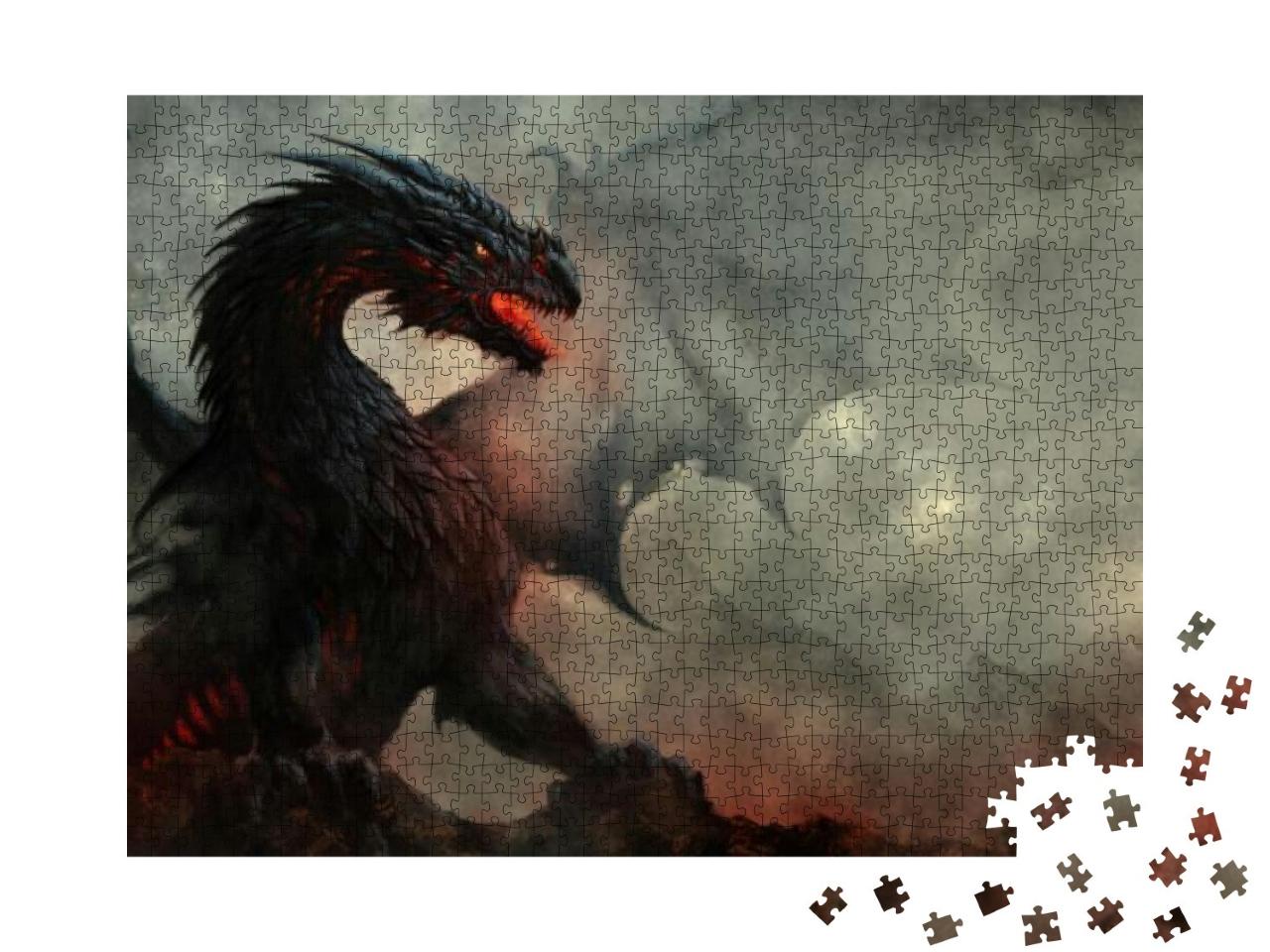 Fierce Fantasy Black Winged Dragon Illustration... Jigsaw Puzzle with 1000 pieces