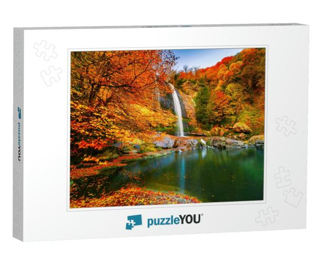 View of the Waterfall in Autumn. Waterfall in Autumn Colo... Jigsaw Puzzle