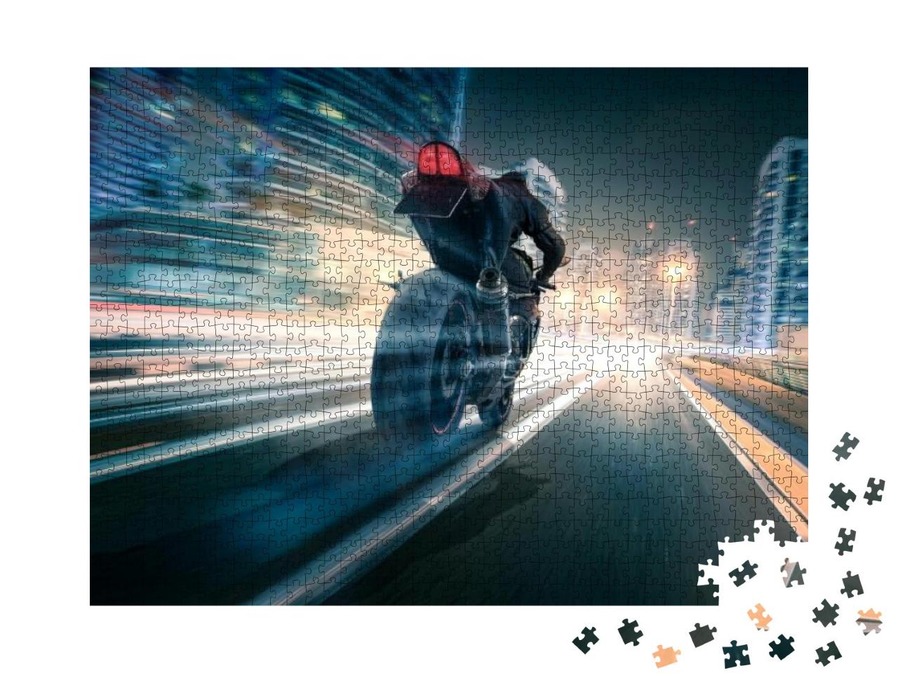 Motorcycle Drives Through a City At Night... Jigsaw Puzzle with 1000 pieces