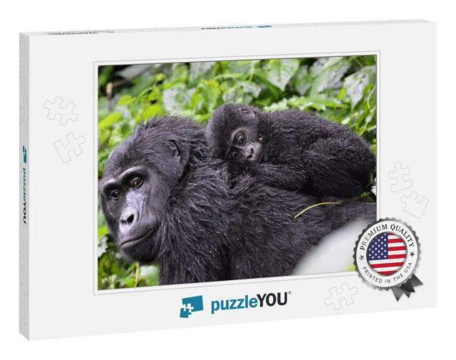 Baby Gorilla Laying on Mums Back in Bwindi Impenetrable F... Jigsaw Puzzle