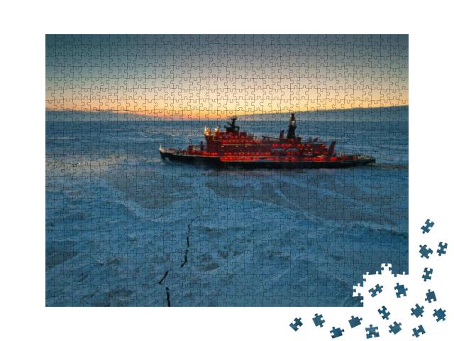 Icebreaking Vessel in Arctic with Background of Sunset... Jigsaw Puzzle with 1000 pieces