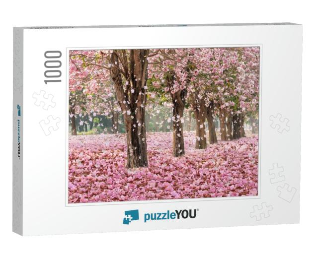 The Romantic Tunnel of Pink Flower Trees with Falling Pet... Jigsaw Puzzle with 1000 pieces