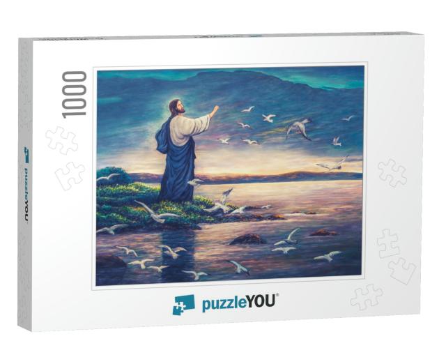 Oil Painting of Jesus Standing At the Sea Side & Raise Ha... Jigsaw Puzzle with 1000 pieces