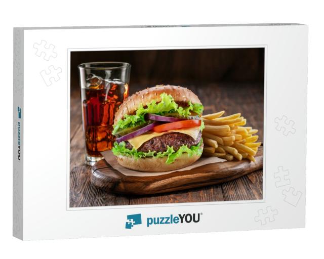 Delicious Hamburger with Cola & Potato Fries on a Wooden... Jigsaw Puzzle