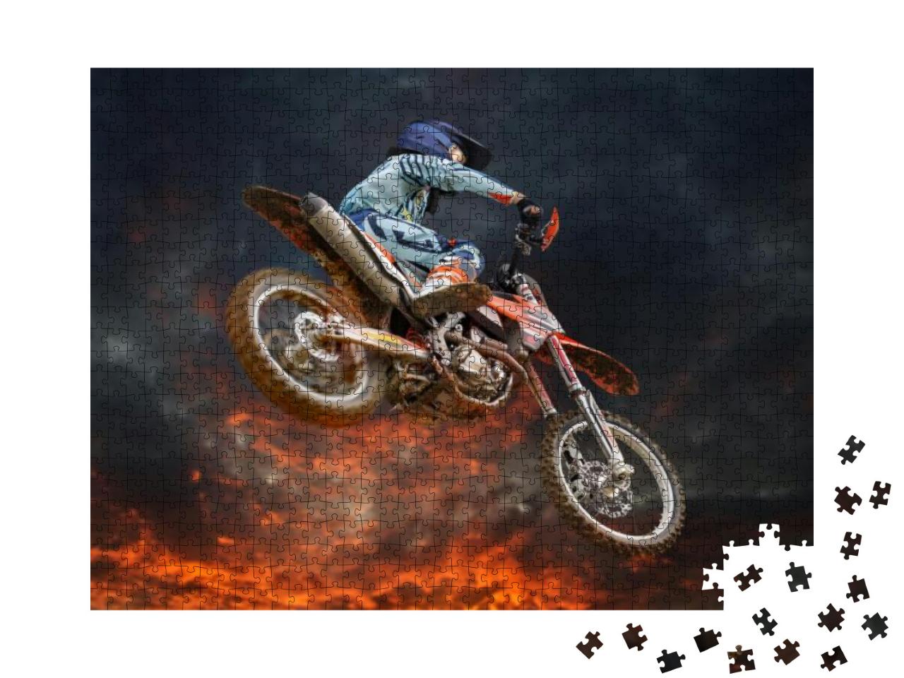 Jumping Motocross Rider with Firestorm in the Background... Jigsaw Puzzle with 1000 pieces