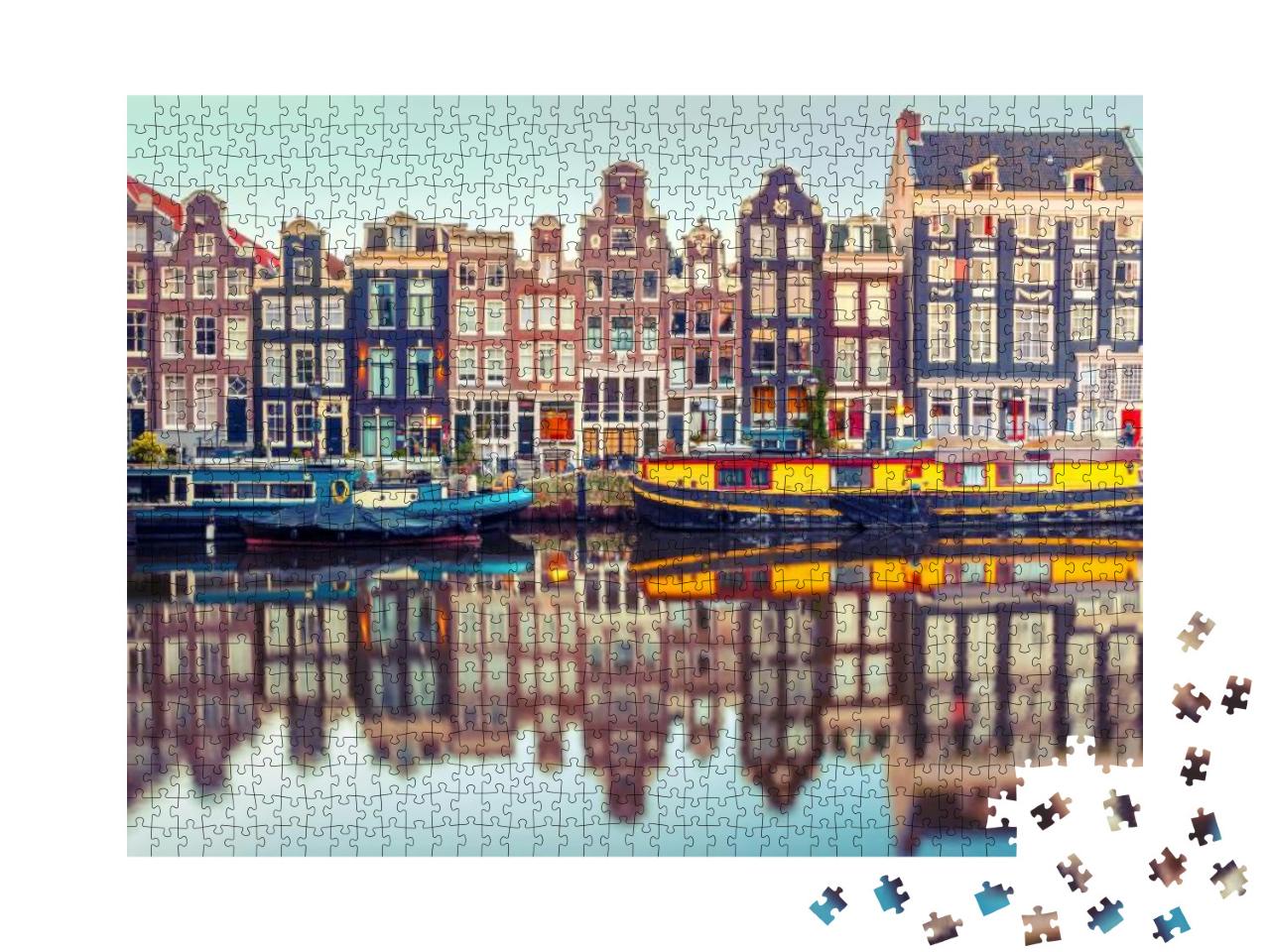 Amsterdam Canal Singel with Typical Dutch Houses & Houseb... Jigsaw Puzzle with 1000 pieces
