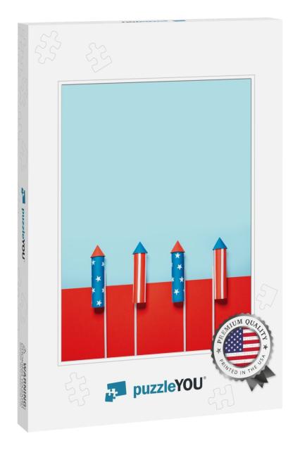 July 4, Rockets for Fireworks on a Blue Red Background... Jigsaw Puzzle