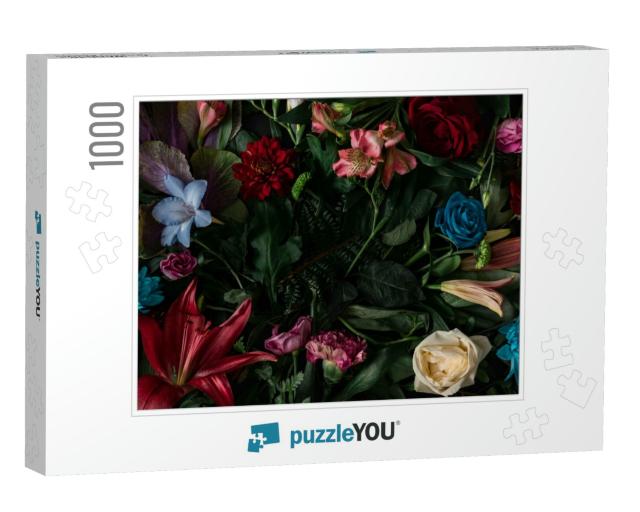 Creative Layout Made of Flowers & Leaves. Flat Lay. Natur... Jigsaw Puzzle with 1000 pieces