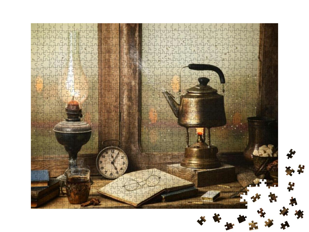 Classic Still Life with Hot Tea Pot Placed with Illuminat... Jigsaw Puzzle with 1000 pieces